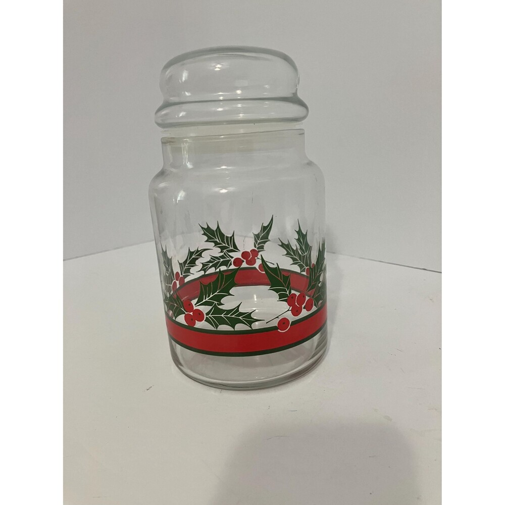 Vintage Libbey Holly Berry Glass Jar With Lid – 1980s Christmas Canister